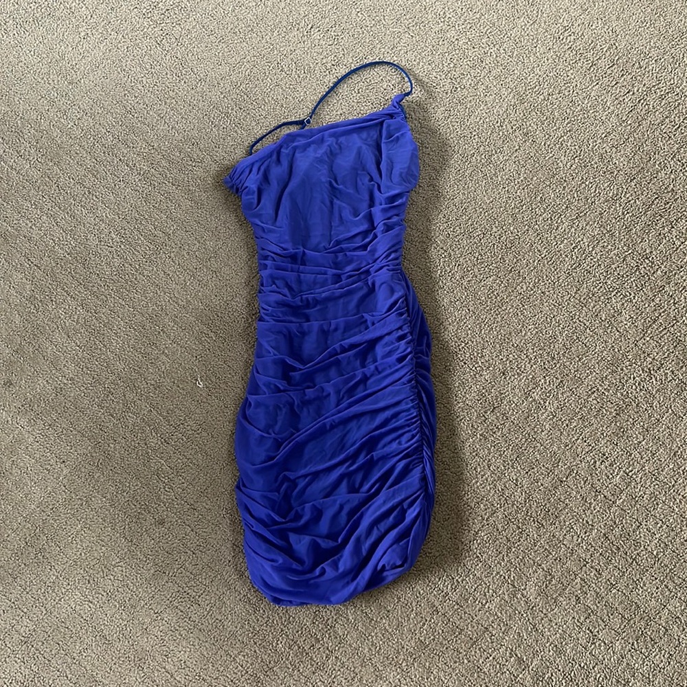 blue/purple semi formal dress. one shoulder and it crosses in the back